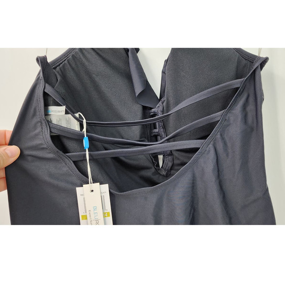 NEW Bleu Rod Beattie Black Ruffle Lattice‎ Plunge One Piece Swimsuit Size 14 - Picture 8 of 13